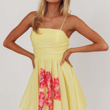 Festivity Flared Bow Floral Mini Dress Yellow