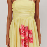 Festivity Flared Bow Floral Mini Dress Yellow