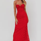 Passione Tied Bust Lace Maxi Dress Cherry