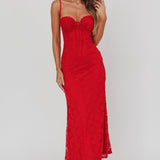 Passione Tied Bust Lace Maxi Dress Cherry