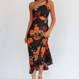 Fly Love Satin One Shoulder Maxi Dress Floral Black