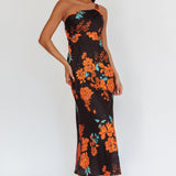 Fly Love Satin One Shoulder Maxi Dress Floral Black