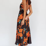 Fly Love Satin One Shoulder Maxi Dress Floral Black