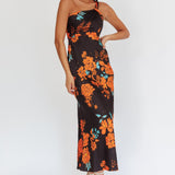 Fly Love Satin One Shoulder Maxi Dress Floral Black