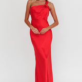 Fly Love Satin One Shoulder Maxi Dress Red