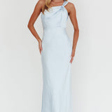 Fly Love Satin One Shoulder Maxi Dress Sky Blue