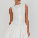 Opulent Sleeveless Bubble Hem Mini Dress Embroidered White