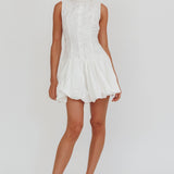 Opulent Sleeveless Bubble Hem Mini Dress Embroidered White