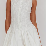 Opulent Sleeveless Bubble Hem Mini Dress Embroidered White