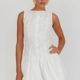 Opulent Sleeveless Bubble Hem Mini Dress Embroidered White