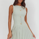 Opulent Pleat Skirt Button Mini Dress Sage