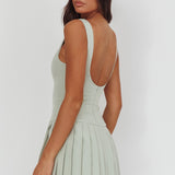 Opulent Pleat Skirt Button Mini Dress Sage