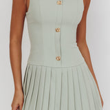 Opulent Pleat Skirt Button Mini Dress Sage