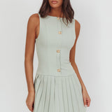 Opulent Pleat Skirt Button Mini Dress Sage