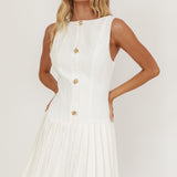 Opulent Pleat Skirt Button Mini Dress White