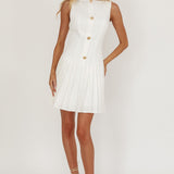 Opulent Pleat Skirt Button Mini Dress White