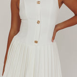 Opulent Pleat Skirt Button Mini Dress White