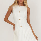 Opulent Pleat Skirt Button Mini Dress White