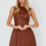 Opulent Sleeveless A-Line Mini Dress Faux Leather Brown