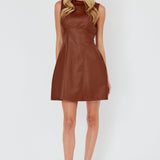 Opulent Sleeveless A-Line Mini Dress Faux Leather Brown