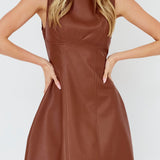 Opulent Sleeveless A-Line Mini Dress Faux Leather Brown