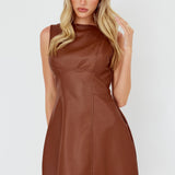 Opulent Sleeveless A-Line Mini Dress Faux Leather Brown