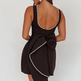 Opulent Pearl Trim Oversized Bow Mini Dress Black