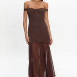 Opulent Off-Shoulder Sheer Hem Maxi Dress Chocolate