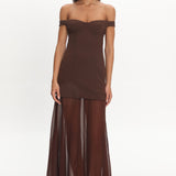 Opulent Off-Shoulder Sheer Hem Maxi Dress Chocolate