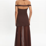 Opulent Off-Shoulder Sheer Hem Maxi Dress Chocolate