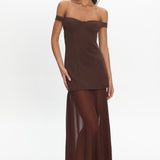 Opulent Off-Shoulder Sheer Hem Maxi Dress Chocolate