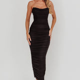 Midwest Strapless Gathered Mesh Maxi Dress Black