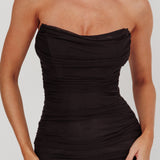Midwest Strapless Gathered Mesh Maxi Dress Black