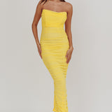 Midwest Strapless Gathered Mesh Maxi Dress Lemon
