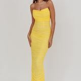 Midwest Strapless Gathered Mesh Maxi Dress Lemon