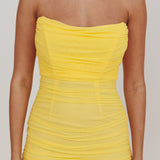 Midwest Strapless Gathered Mesh Maxi Dress Lemon