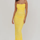Midwest Strapless Gathered Mesh Maxi Dress Lemon