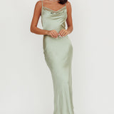 Gentle Touch Cowl Neck Satin Maxi Dress Sage