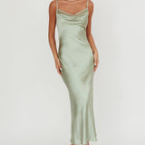 Gentle Touch Cowl Neck Satin Maxi Dress Sage