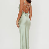 Gentle Touch Cowl Neck Satin Maxi Dress Sage