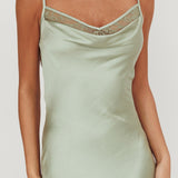 Gentle Touch Cowl Neck Satin Maxi Dress Sage