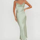 Gentle Touch Cowl Neck Satin Maxi Dress Sage