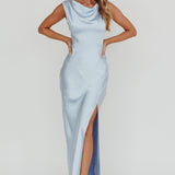 Jinora Cowl Neck Leg Slit Satin Maxi Dress Blue