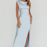 Jinora Cowl Neck Leg Slit Satin Maxi Dress Blue