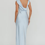 Jinora Cowl Neck Leg Slit Satin Maxi Dress Blue
