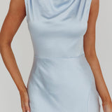 Jinora Cowl Neck Leg Slit Satin Maxi Dress Blue