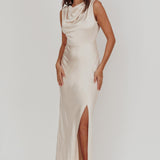 Jinora Cowl Neck Leg Slit Satin Maxi Dress
