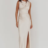 Jinora Cowl Neck Leg Slit Satin Maxi Dress