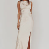 Jinora Cowl Neck Leg Slit Satin Maxi Dress