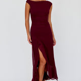 Moonlit Magic Asymmetric Neckline Maxi Dress Wine
